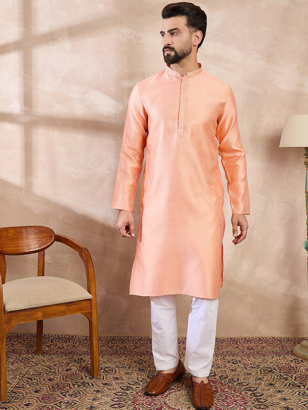 Men Peach Silk Blend Solid Embroidered Straight Kurta-MKU1840