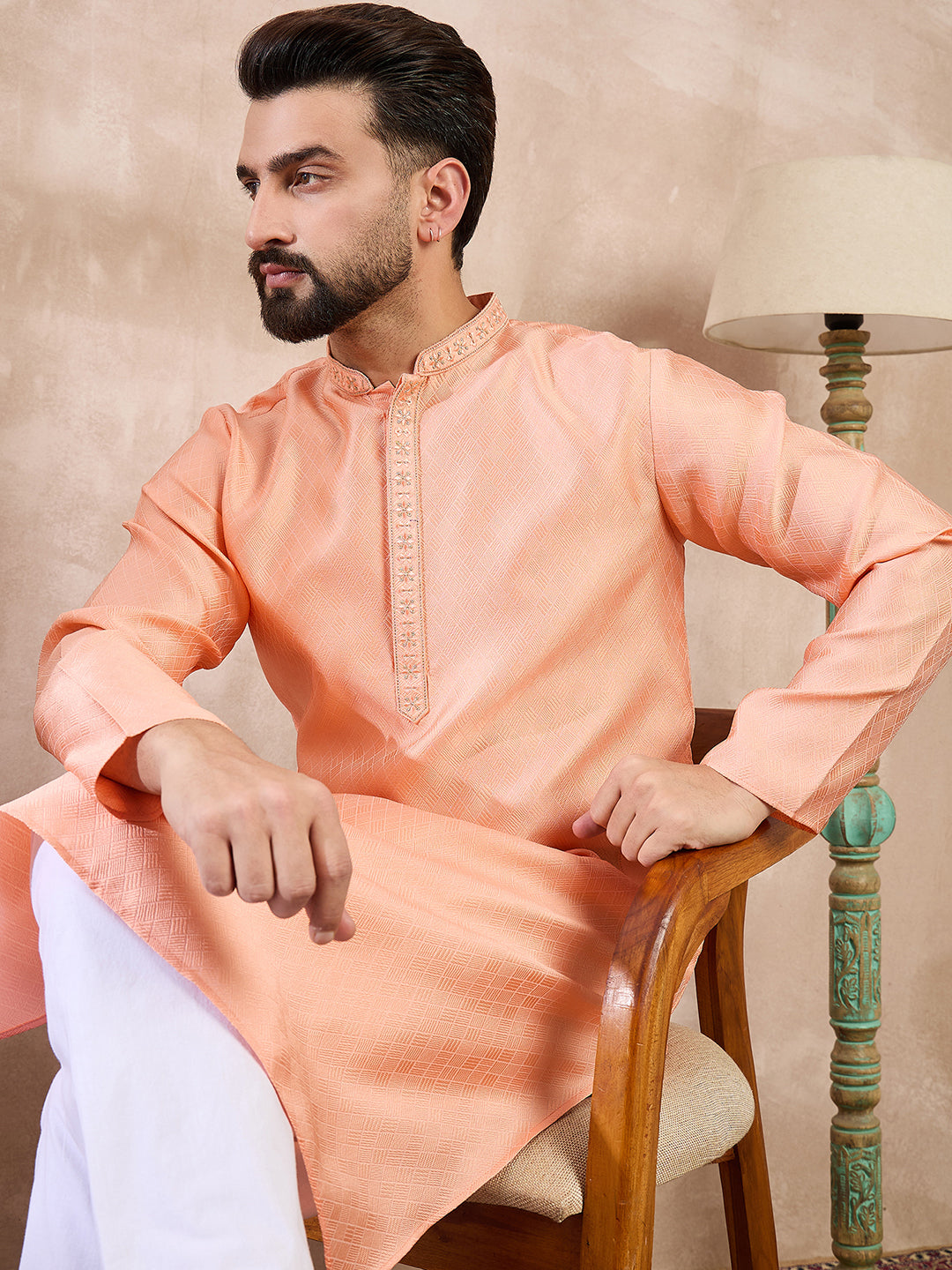Men Peach Silk Blend Solid Embroidered Straight Kurta-MKU1840