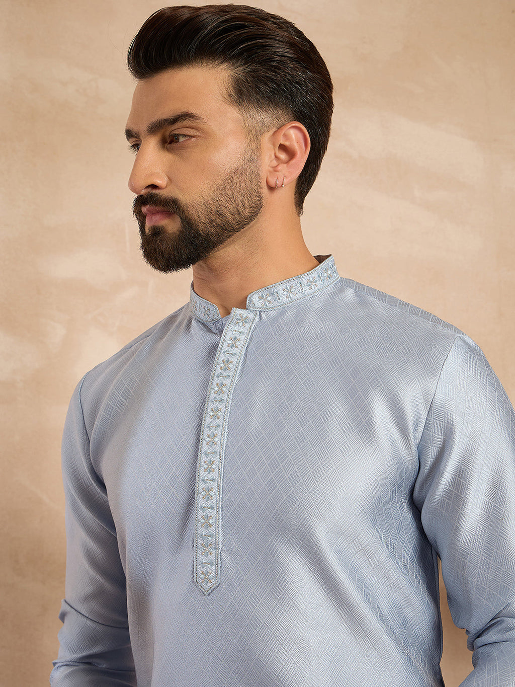 Men Blue Polyester Solid Embroidered Straight Kurta-MKU1841