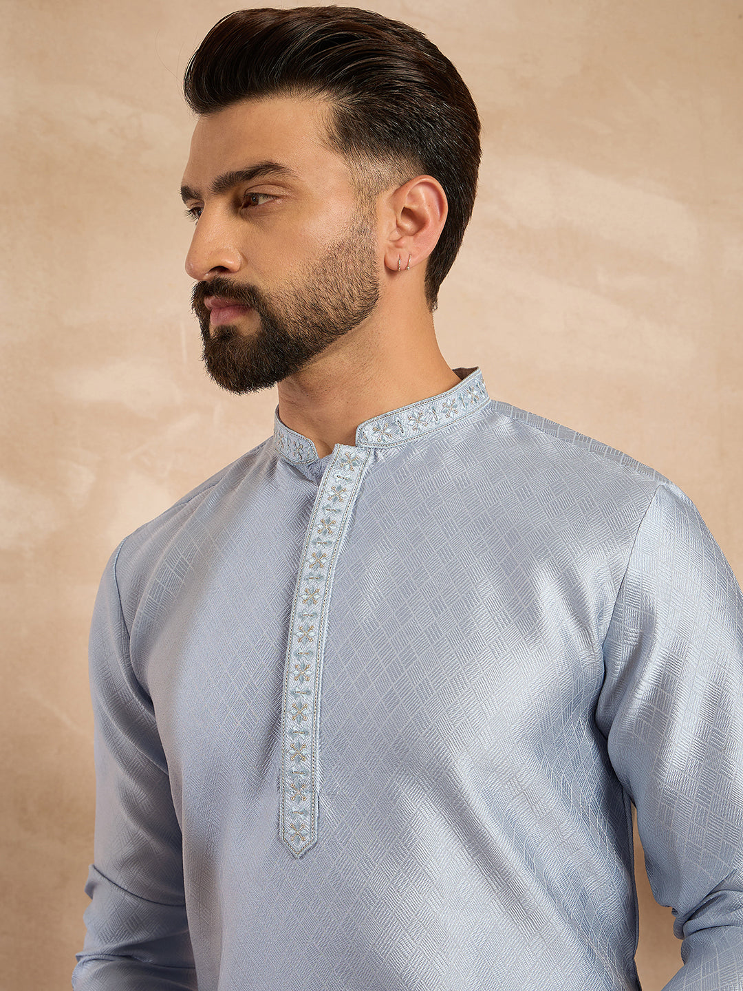 Men Blue Polyester Solid Embroidered Straight Kurta-MKU1841
