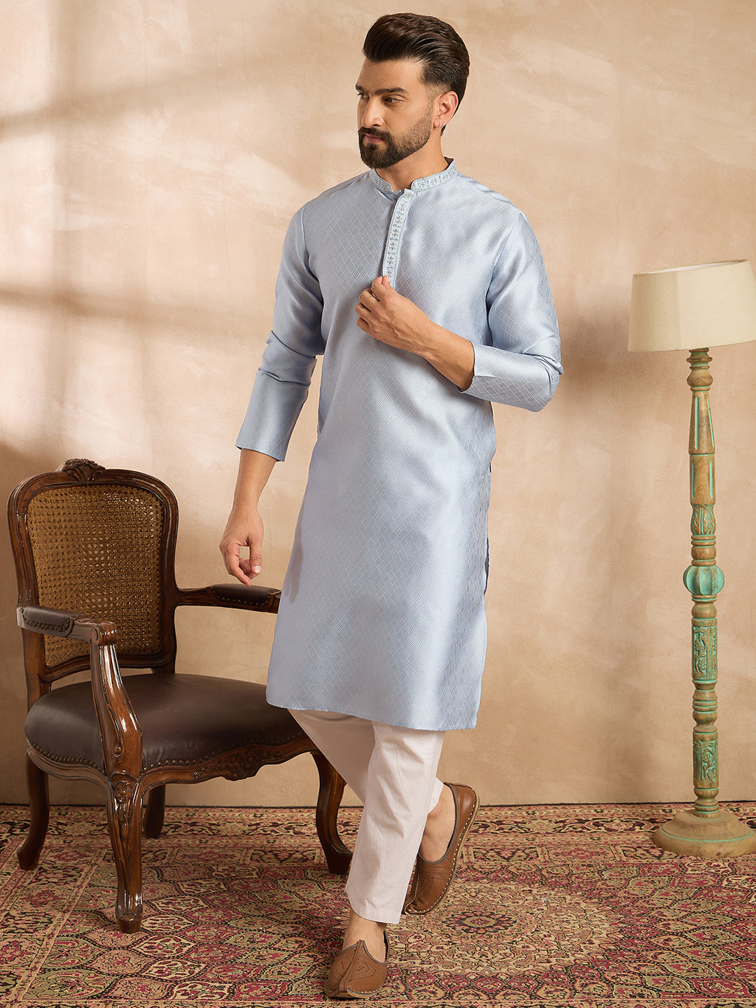 Men Blue Polyester Solid Embroidered Straight Kurta-MKU1841