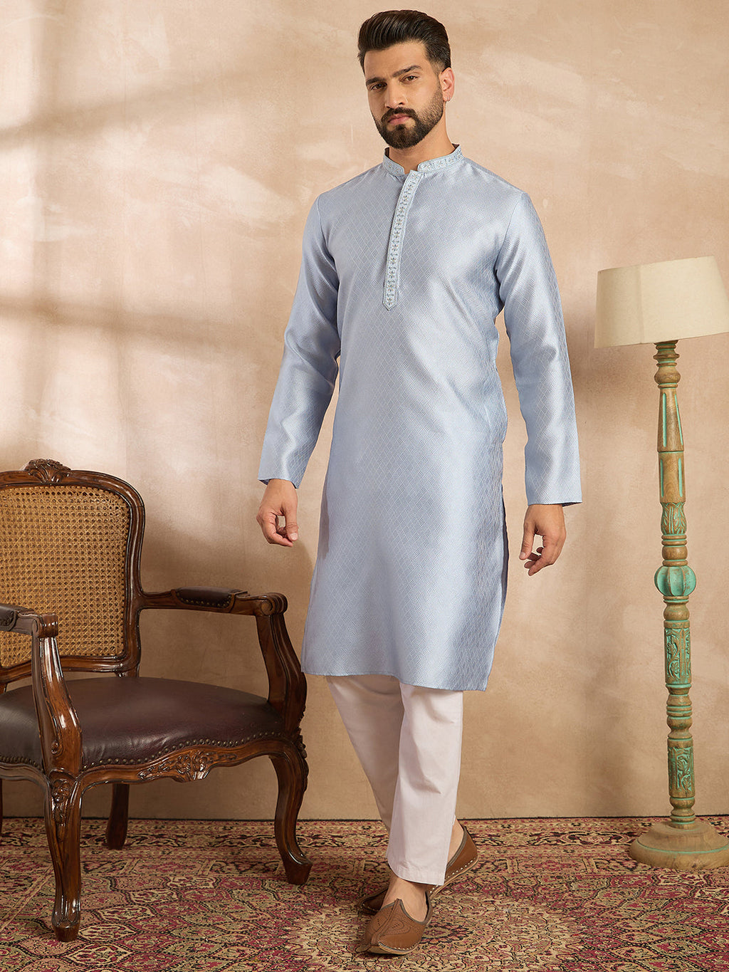 Men Blue Polyester Solid Embroidered Straight Kurta-MKU1841