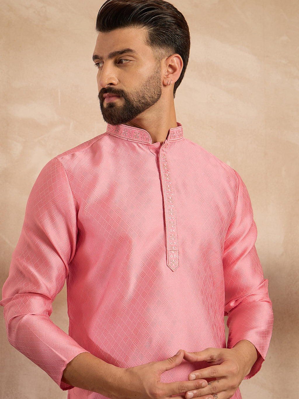 Men Pink Polyester Solid Embroidered Straight Kurta-MKU1842