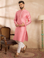 Men Pink Polyester Solid Embroidered Straight Kurta-MKU1842