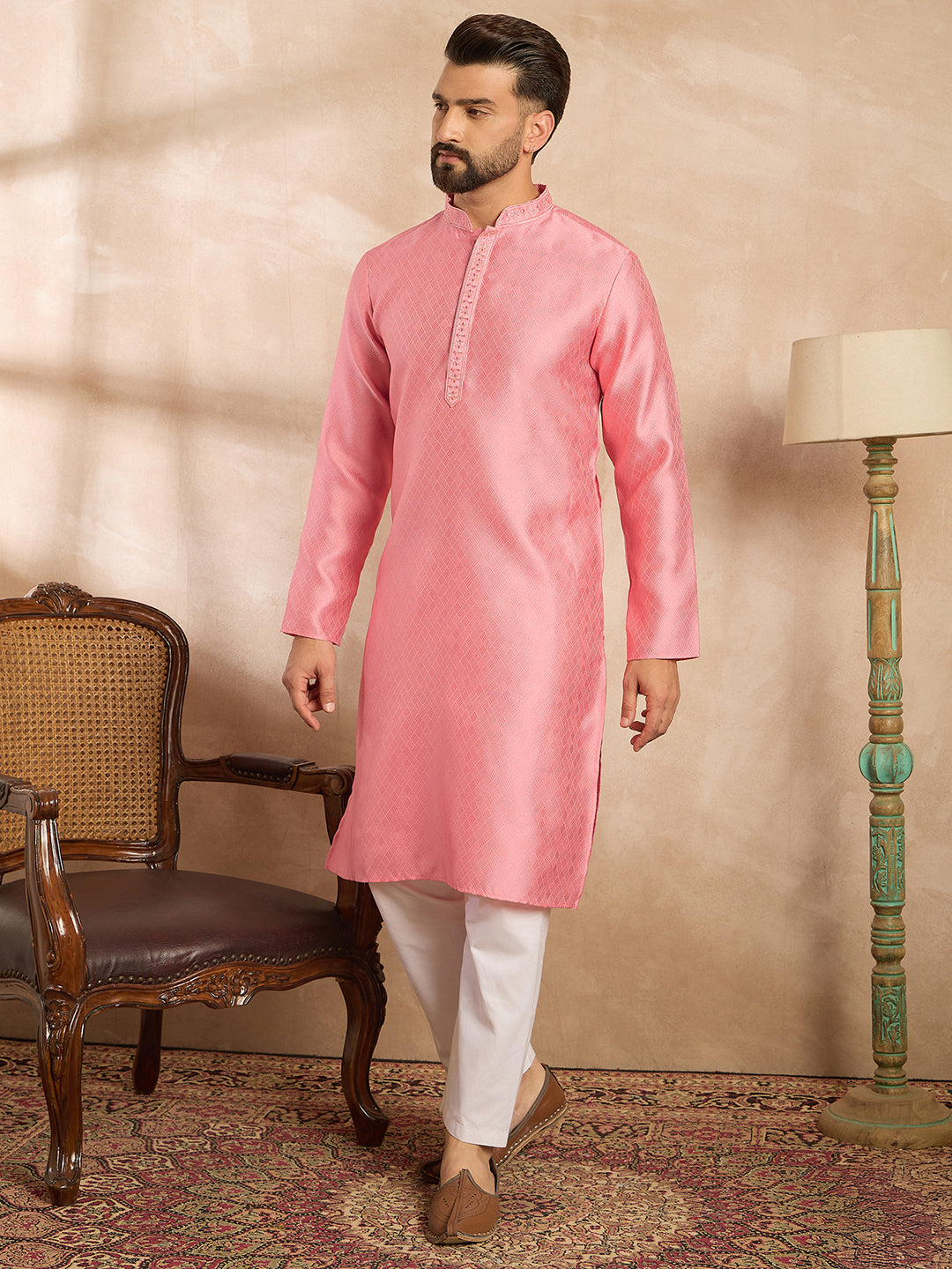 Men Pink Polyester Solid Embroidered Straight Kurta-MKU1842