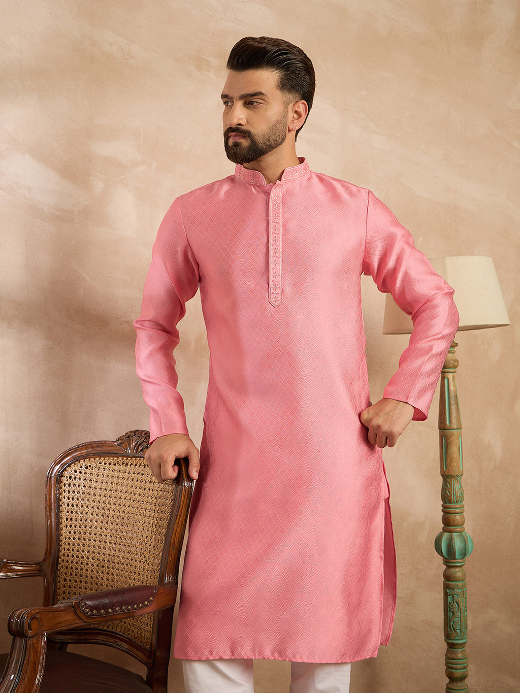 Men Pink Polyester Solid Embroidered Straight Kurta-MKU1842