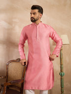 Men Pink Polyester Solid Embroidered Straight Kurta-MKU1842