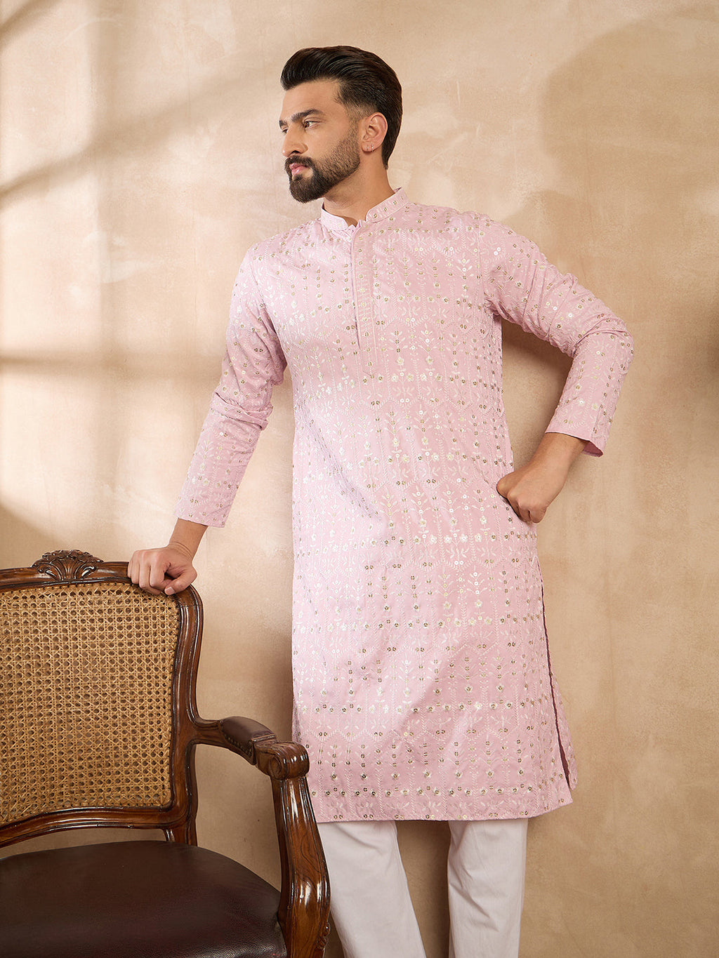 Men Pink Viscose Rayon Solid Embroidered Straight Kurta-MKU1843