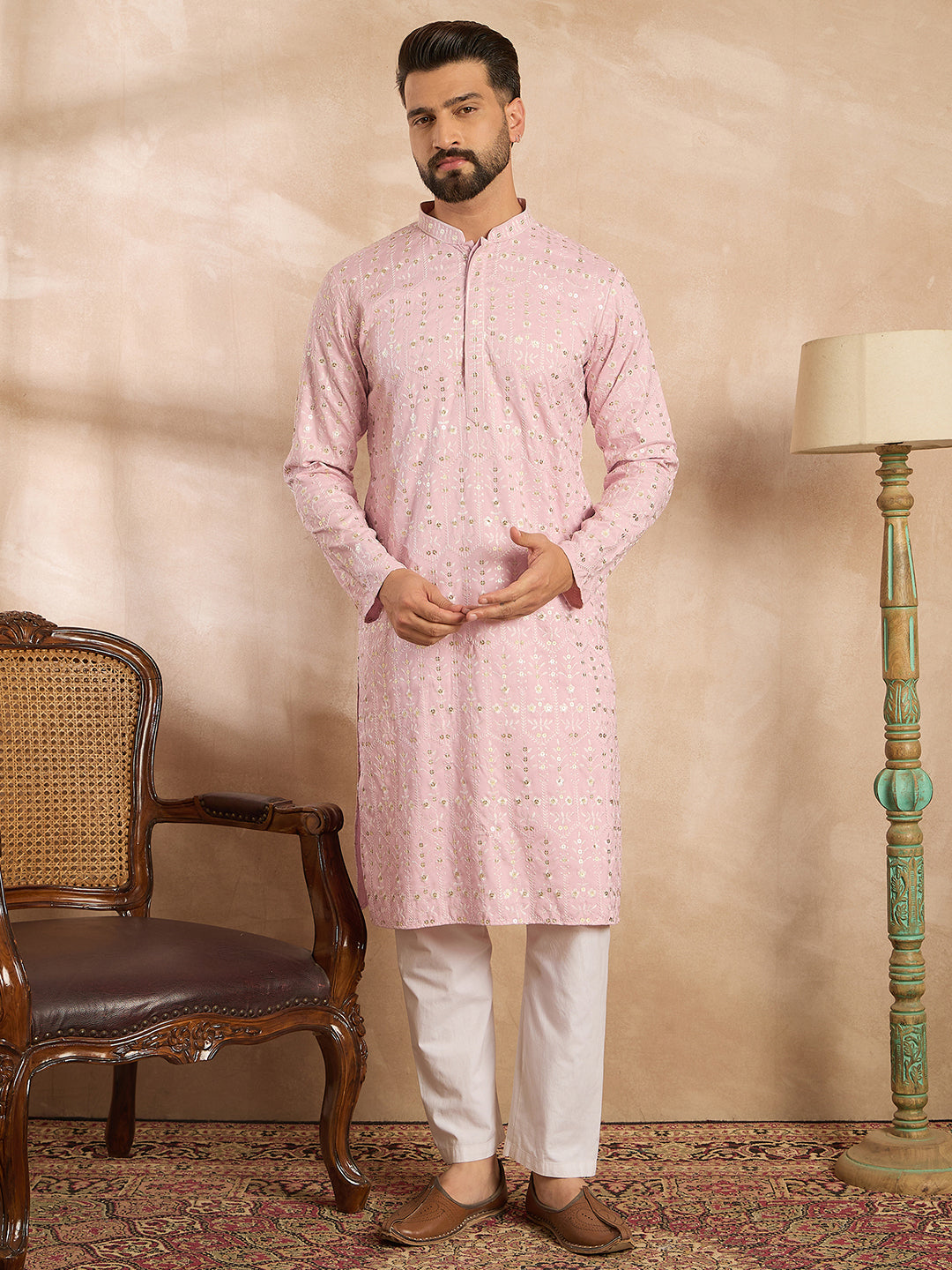 Men Pink Viscose Rayon Solid Embroidered Straight Kurta-MKU1843