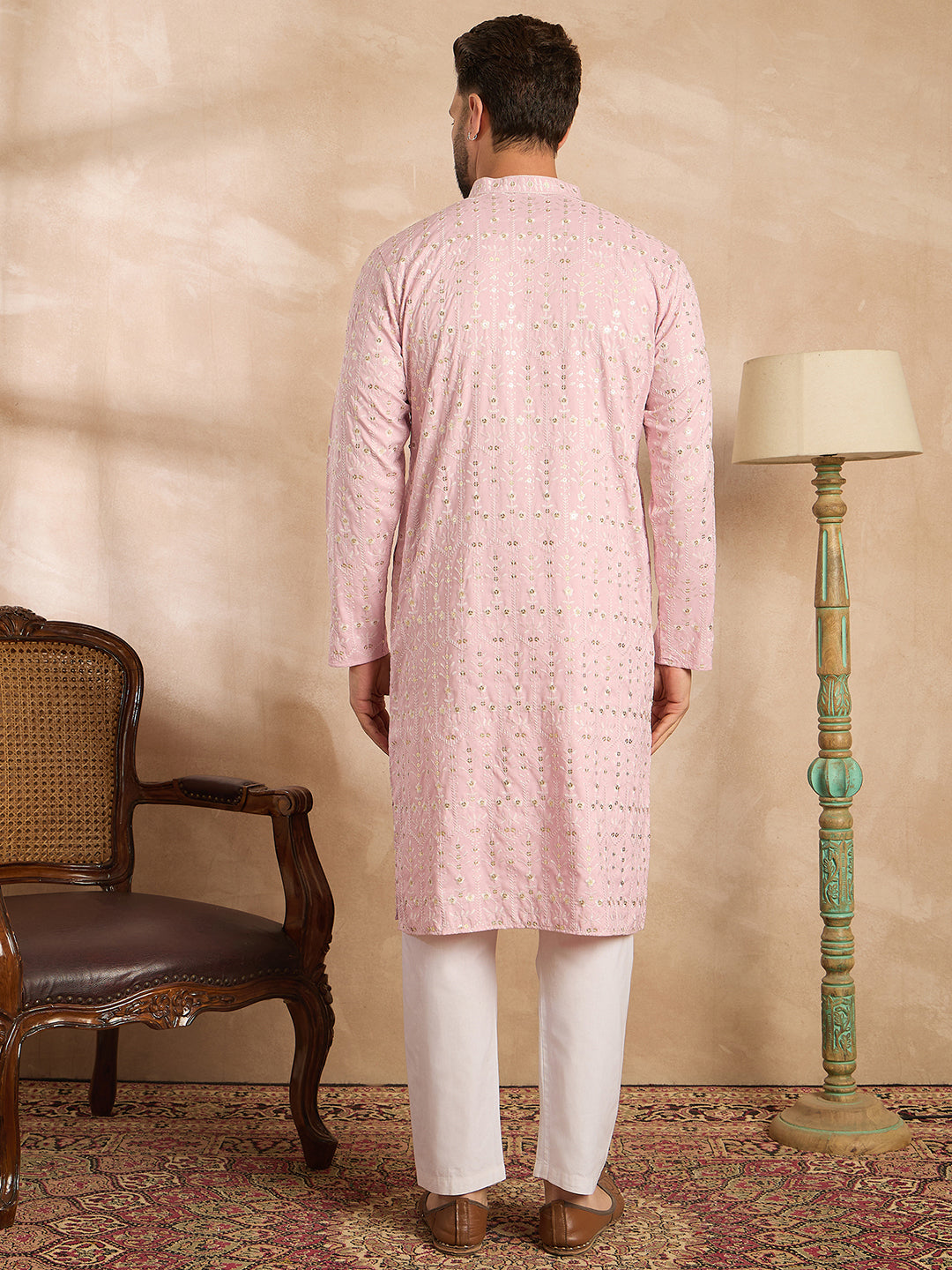 Men Pink Viscose Rayon Solid Embroidered Straight Kurta-MKU1843