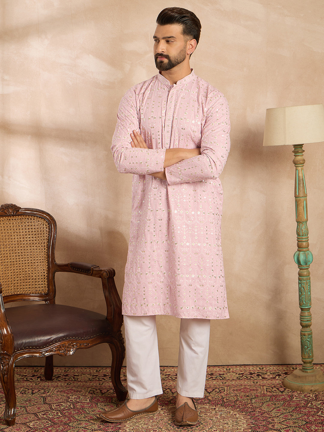 Men Pink Viscose Rayon Solid Embroidered Straight Kurta-MKU1843