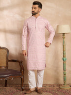 Men Pink Viscose Rayon Solid Embroidered Straight Kurta-MKU1843