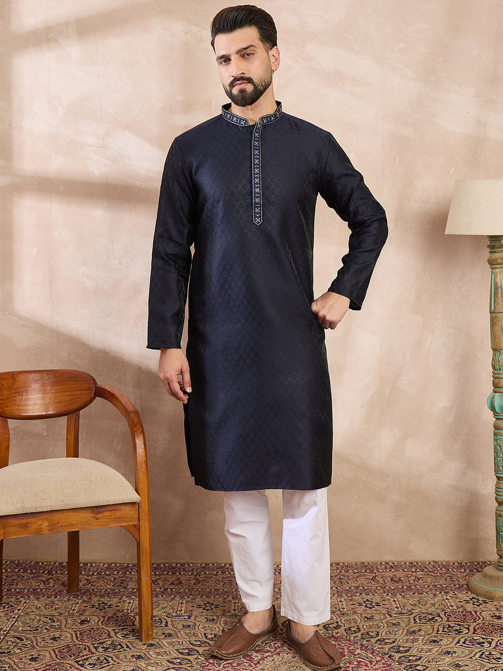 Men Navy Blue Silk Blend Solid Woven Design Straight Kurta-MKU1853