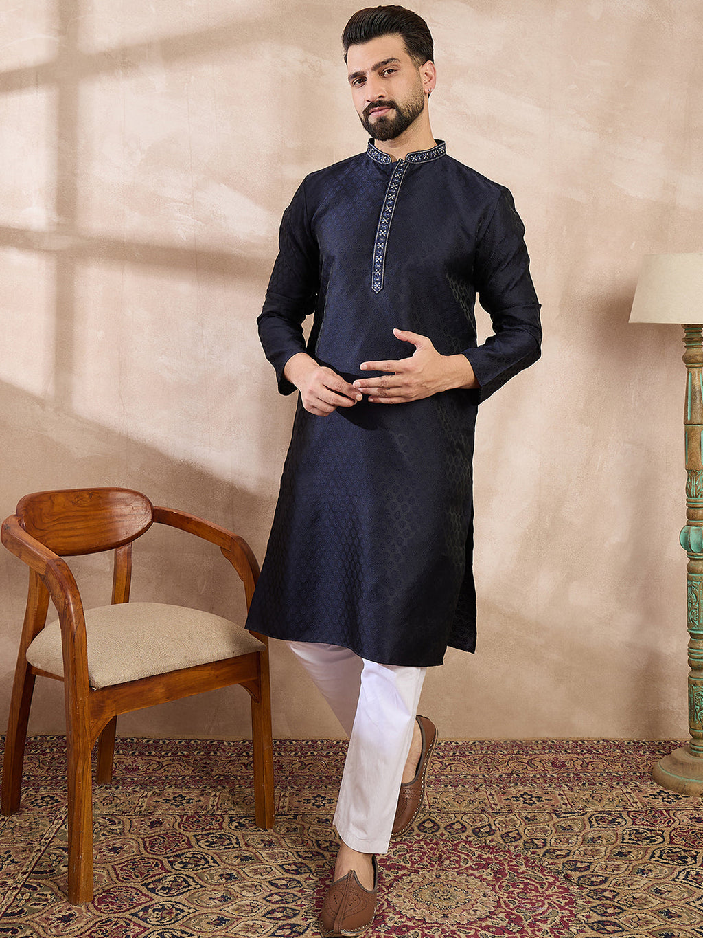 Men Navy Blue Silk Blend Solid Woven Design Straight Kurta-MKU1853