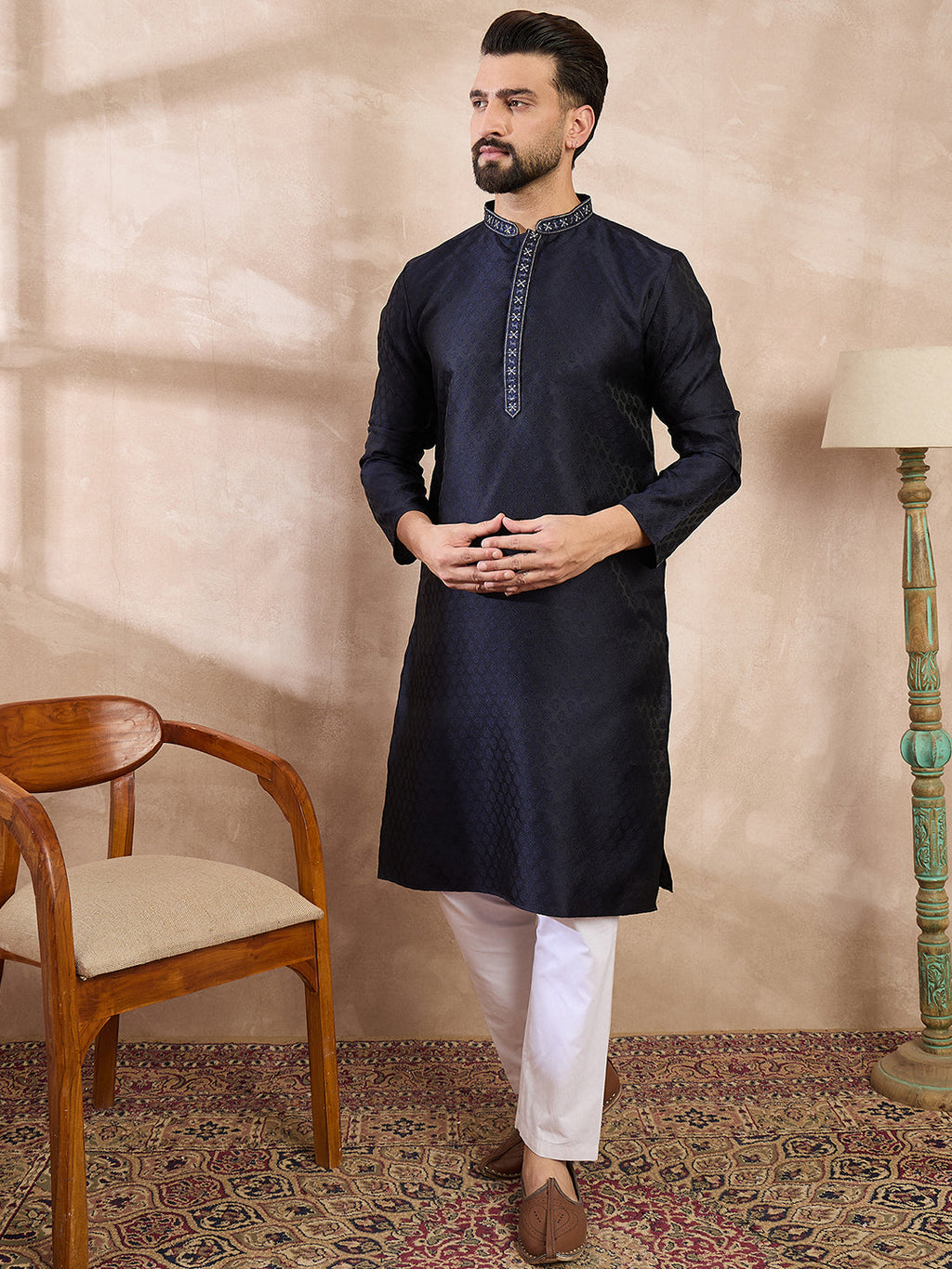 Men Navy Blue Silk Blend Solid Woven Design Straight Kurta-MKU1853