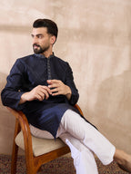 Men Navy Blue Silk Blend Solid Woven Design Straight Kurta-MKU1853