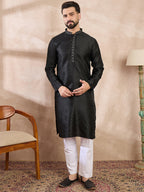 Men Black Silk Blend Solid Woven Design Straight Kurta-MKU1854