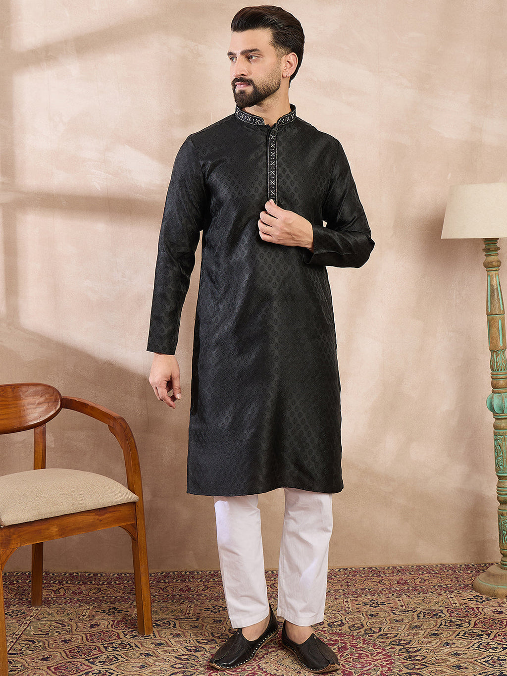 Men Black Silk Blend Solid Woven Design Straight Kurta-MKU1854