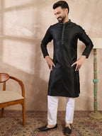 Men Black Silk Blend Solid Woven Design Straight Kurta-MKU1854