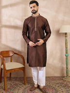 Men Brown Silk Blend Solid Woven Design Straight Kurta-MKU1855