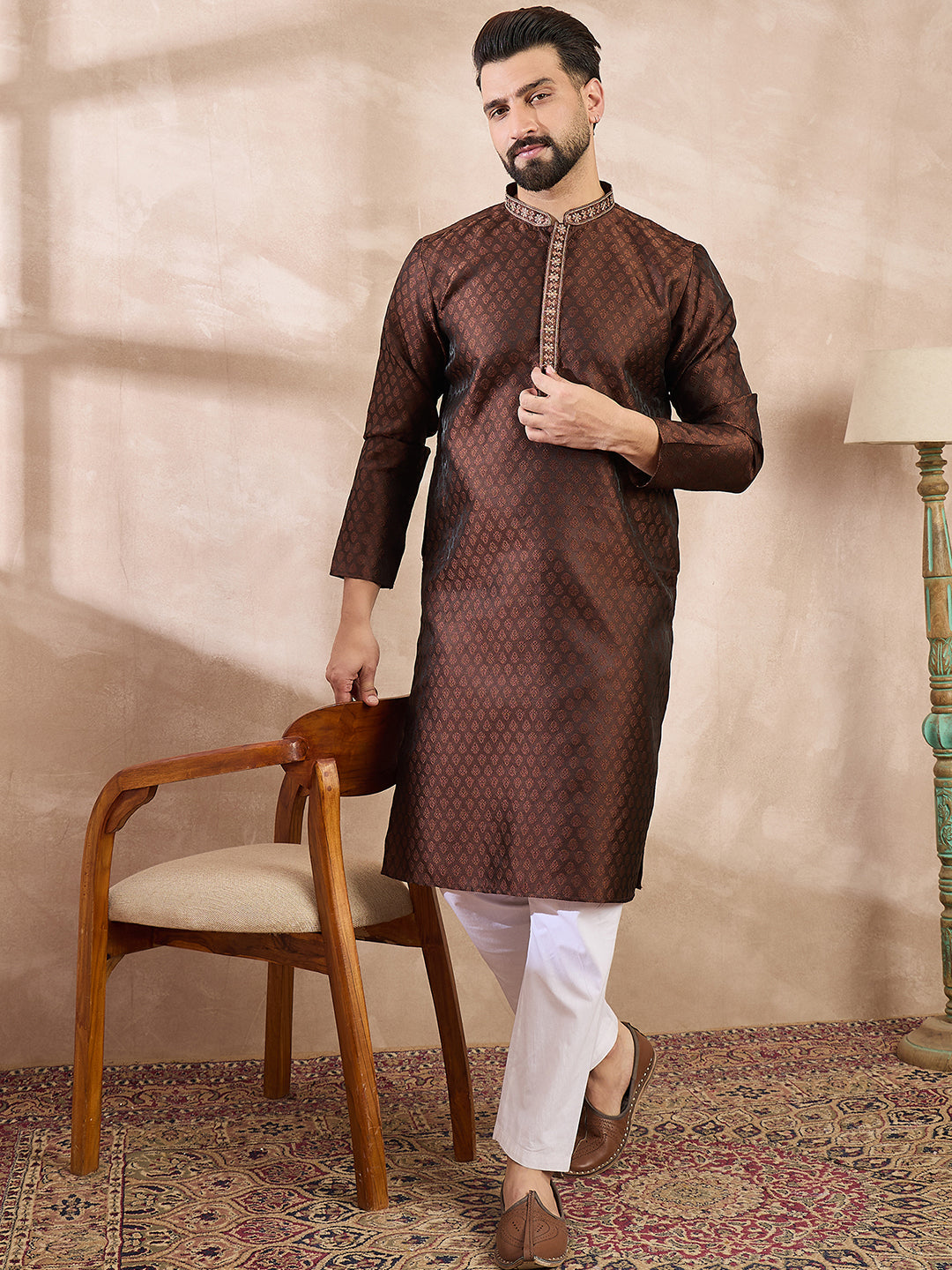 Men Brown Silk Blend Solid Woven Design Straight Kurta-MKU1855