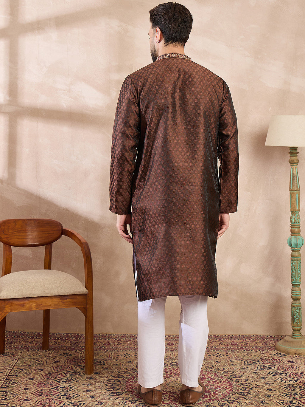 Men Brown Silk Blend Solid Woven Design Straight Kurta-MKU1855