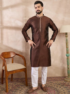 Men Brown Silk Blend Solid Woven Design Straight Kurta-MKU1855
