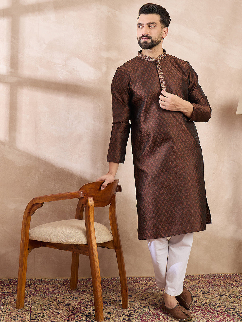 Men Brown Silk Blend Solid Woven Design Straight Kurta-MKU1855
