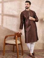 Men Brown Silk Blend Solid Woven Design Straight Kurta-MKU1855