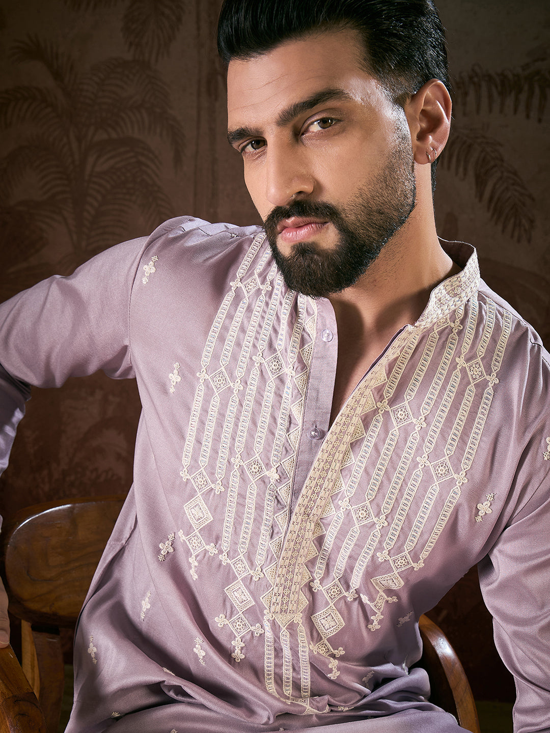Men Lavender Silk Blend Solid Embroidered Straight Kurta-MKU1880
