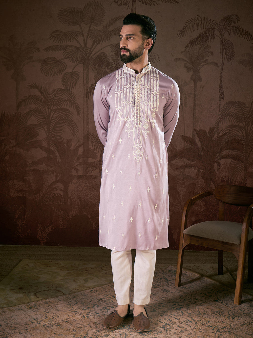 Men Lavender Silk Blend Solid Embroidered Straight Kurta-MKU1880