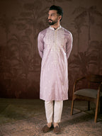Men Lavender Silk Blend Solid Embroidered Straight Kurta-MKU1880
