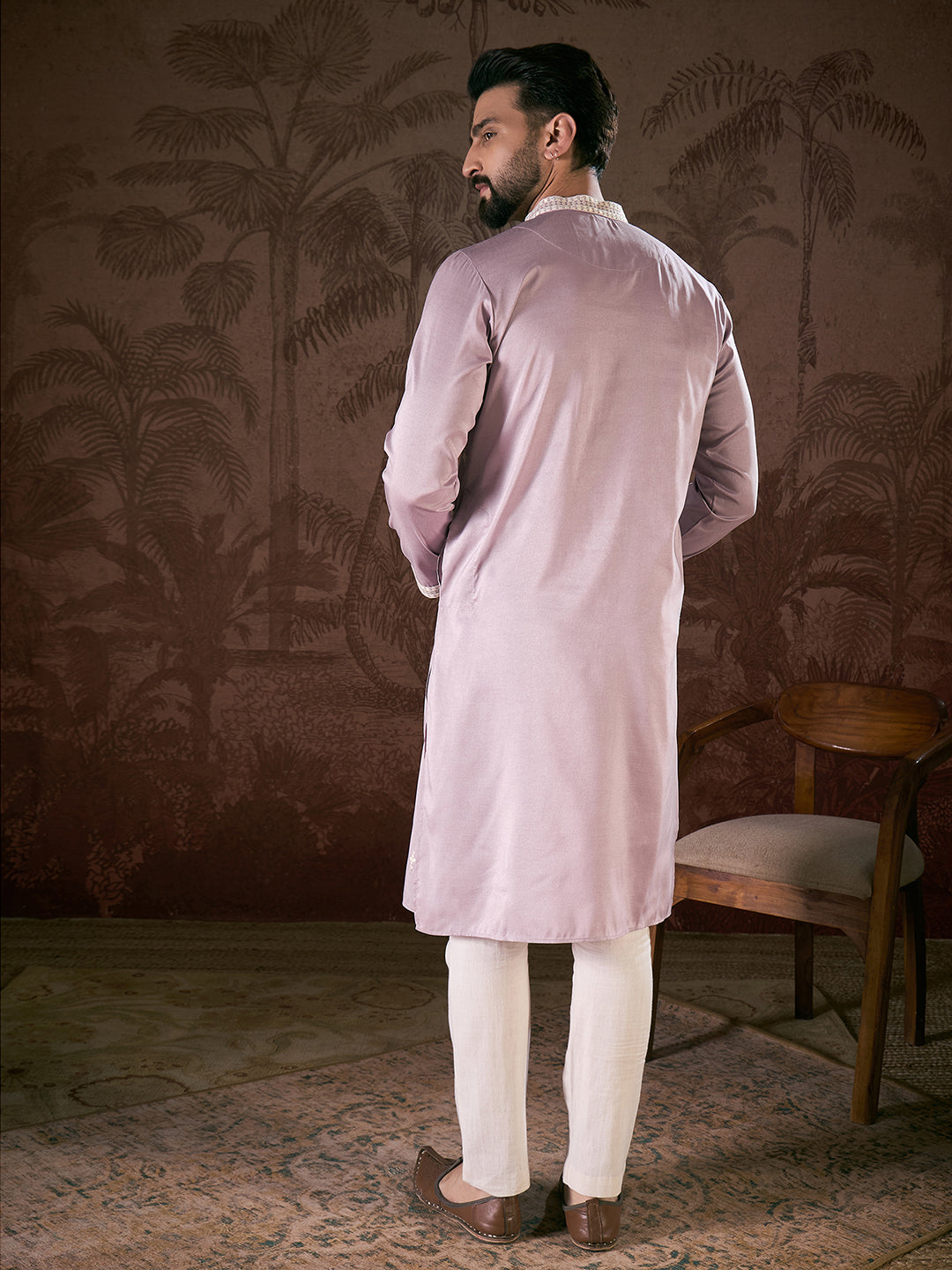 Men Lavender Silk Blend Solid Embroidered Straight Kurta-MKU1880