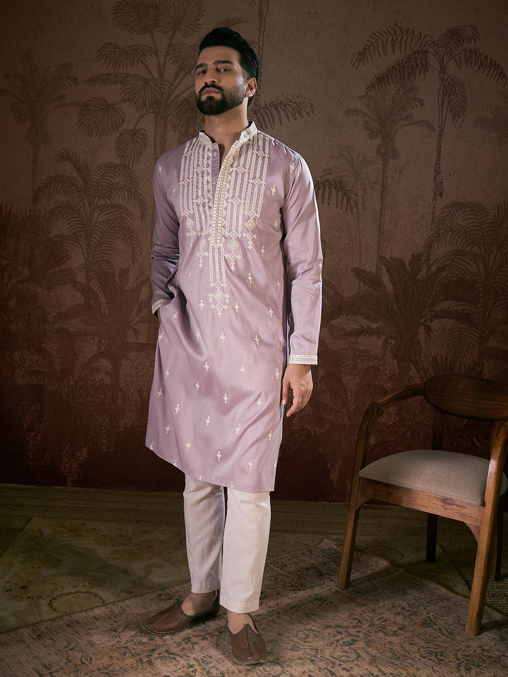 Men Lavender Silk Blend Solid Embroidered Straight Kurta-MKU1880