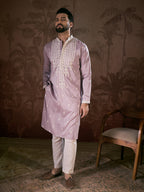 Men Lavender Silk Blend Solid Embroidered Straight Kurta-MKU1880