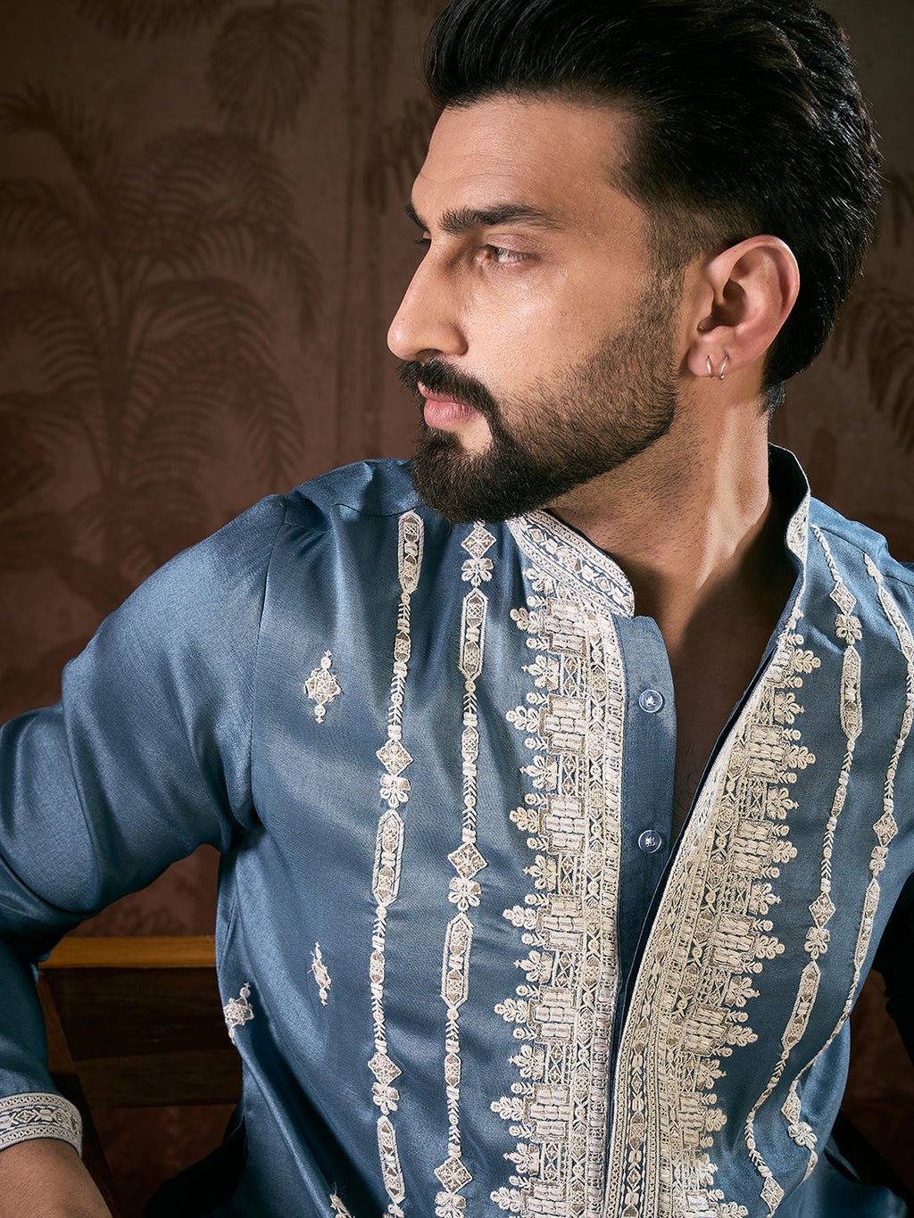 Men Blue Silk Blend Solid Embroidered Straight Kurta-MKU1881
