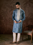Men Blue Silk Blend Solid Embroidered Straight Kurta-MKU1881