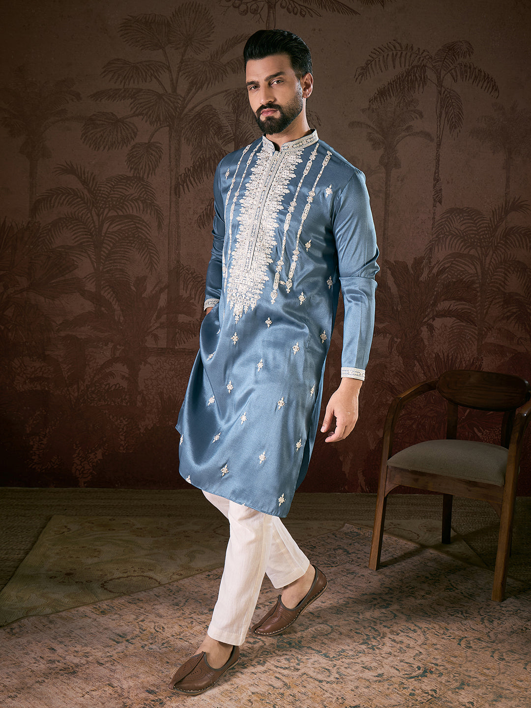 Men Blue Silk Blend Solid Embroidered Straight Kurta-MKU1881