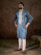 Men Blue Silk Blend Solid Embroidered Straight Kurta-MKU1881