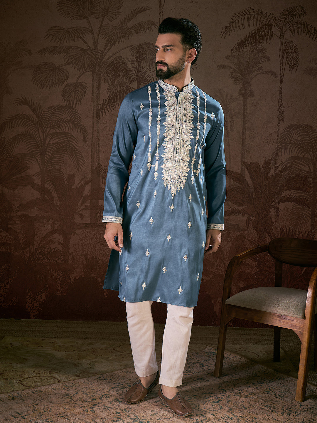 Men Blue Silk Blend Solid Embroidered Straight Kurta-MKU1881