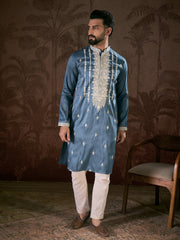 Men Blue Silk Blend Solid Embroidered Straight Kurta-MKU1881