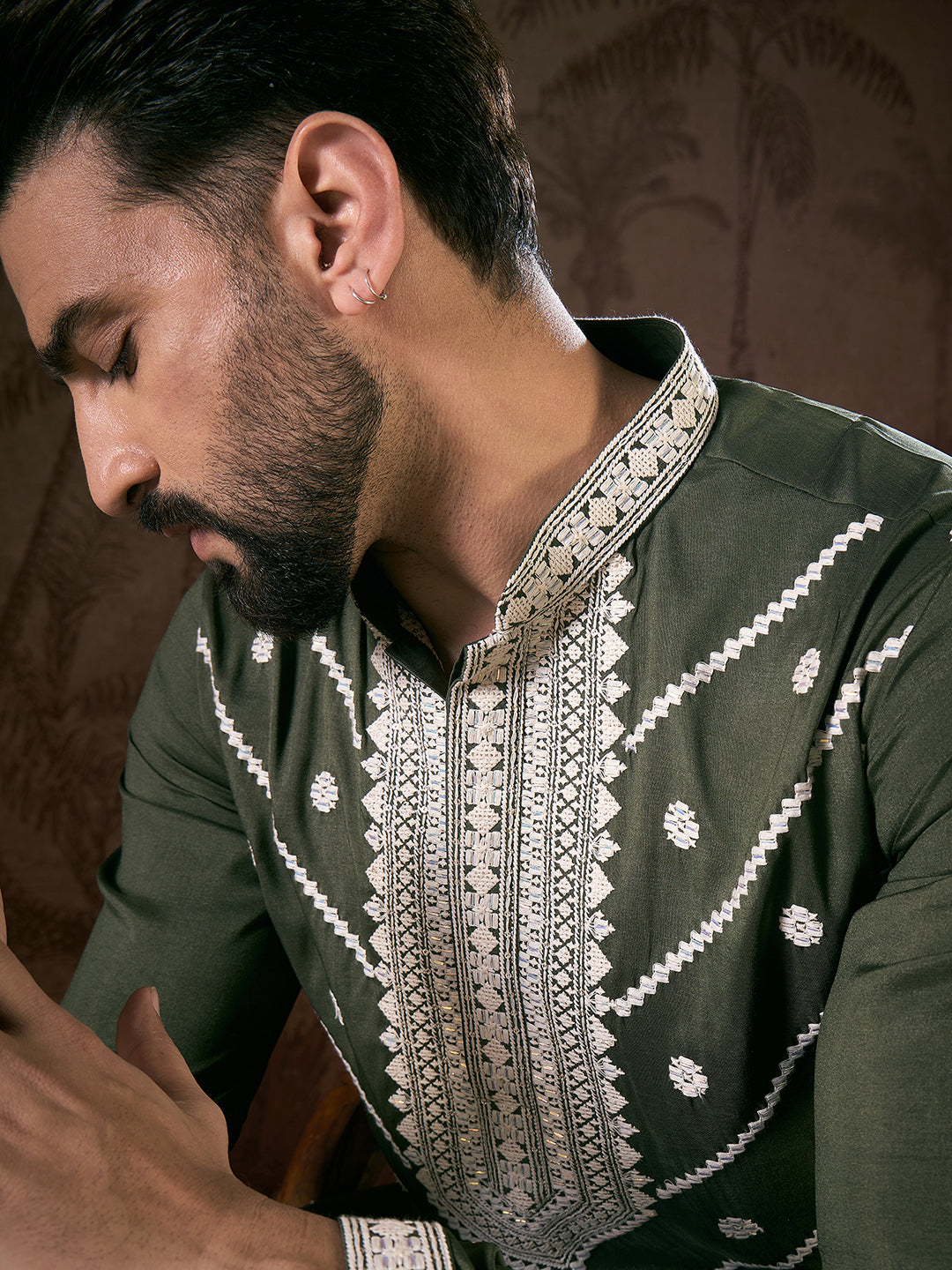 Men Green Silk Blend Solid Embroidered Straight Kurta-MKU1882