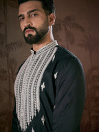Men Black Silk Blend Solid Embroidered Straight Kurta-MKU1883