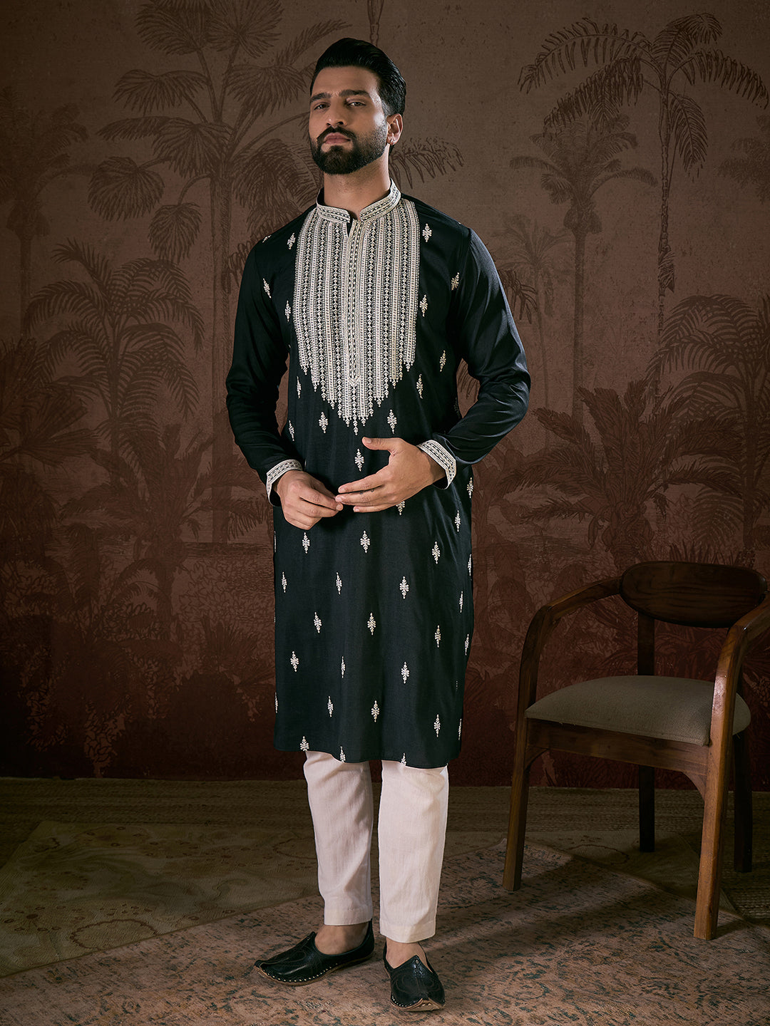 Men Black Silk Blend Solid Embroidered Straight Kurta-MKU1883