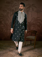 Men Black Silk Blend Solid Embroidered Straight Kurta-MKU1883