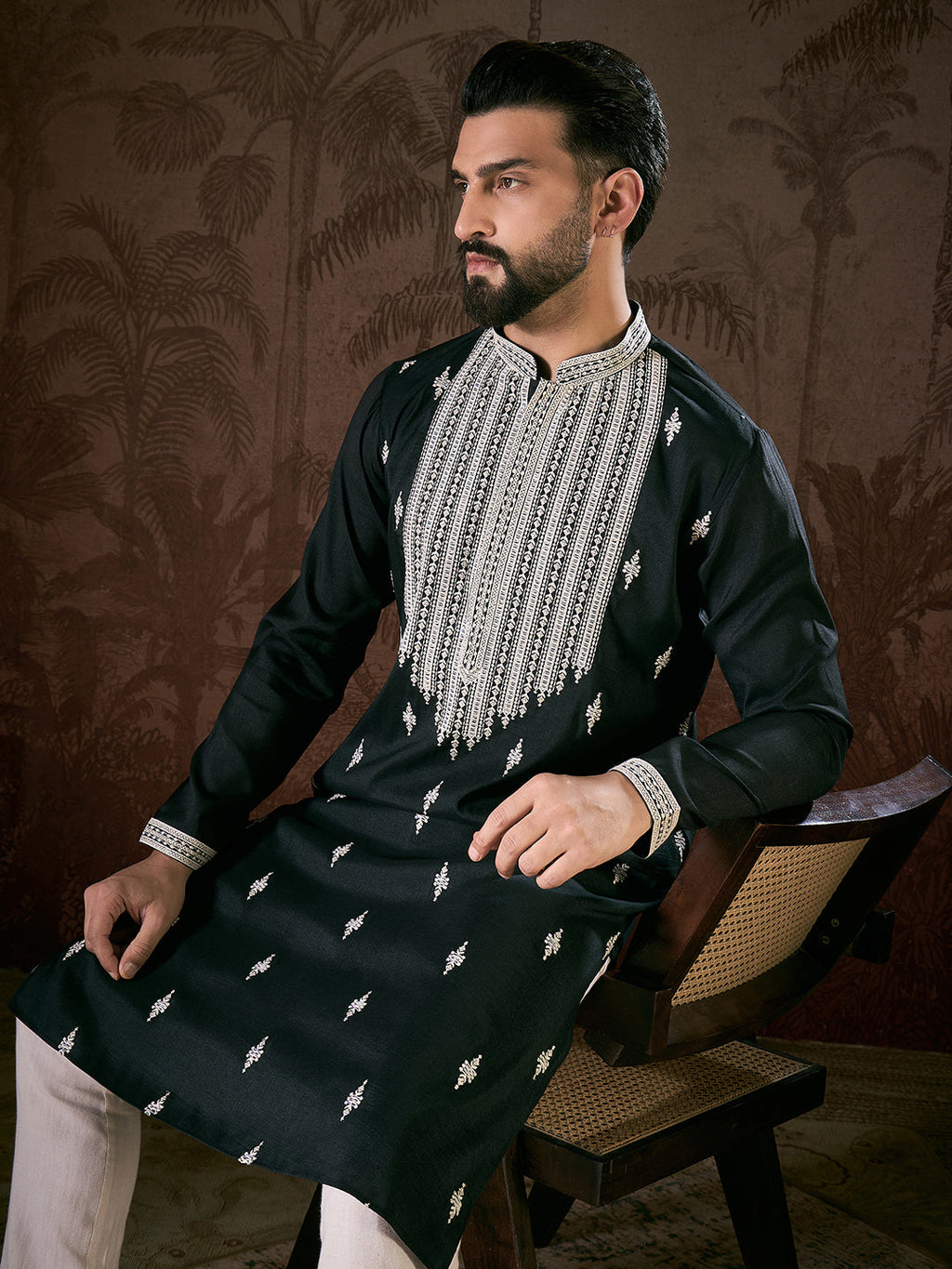 Men Black Silk Blend Solid Embroidered Straight Kurta-MKU1883