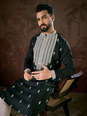 Men Black Silk Blend Solid Embroidered Straight Kurta-MKU1883