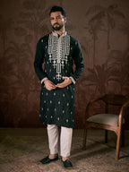 Men Black Silk Blend Solid Embroidered Straight Kurta-MKU1885