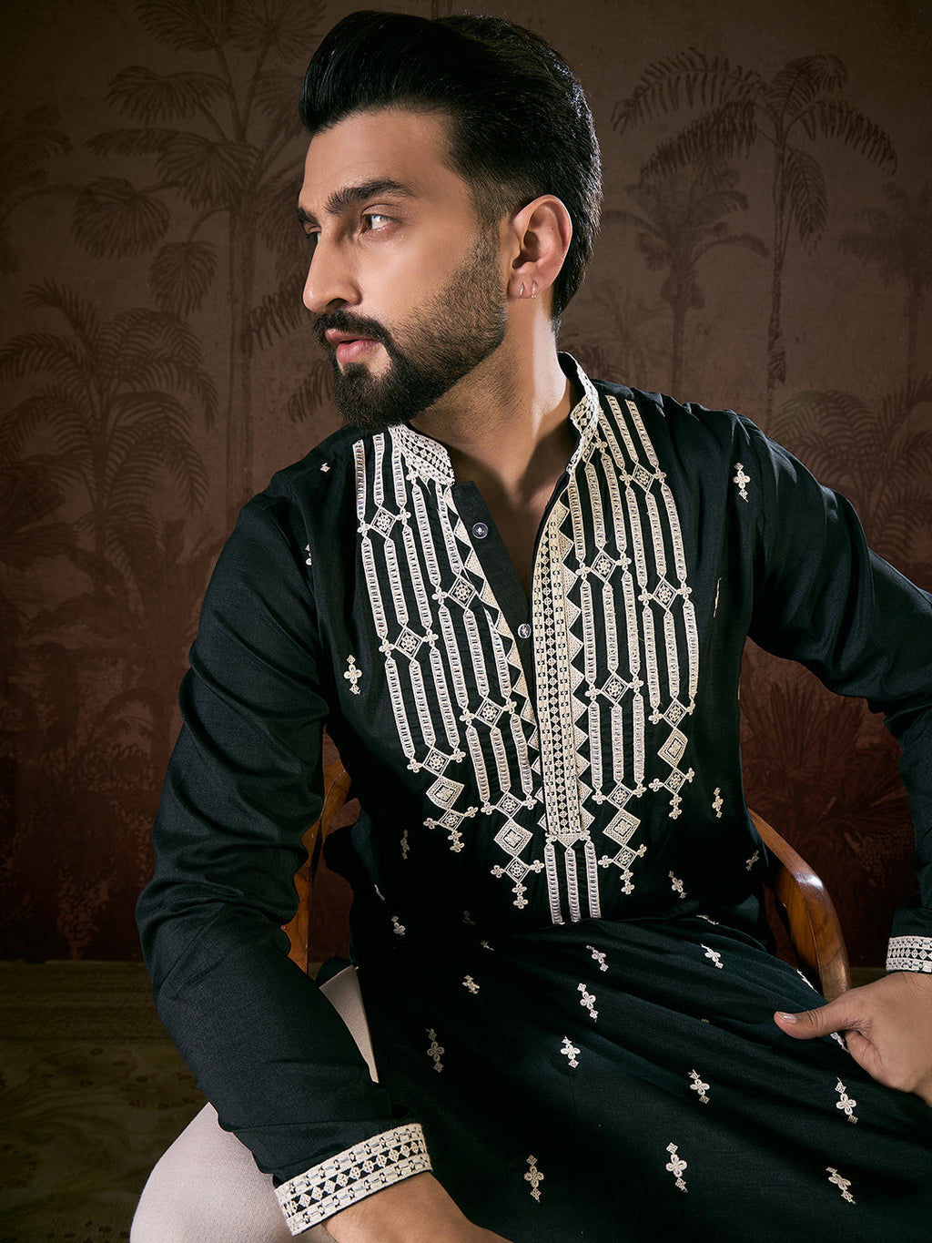 Men Black Silk Blend Solid Embroidered Straight Kurta-MKU1885