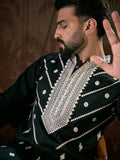 Men Black Silk Blend Solid Embroidered Straight Kurta-MKU1886